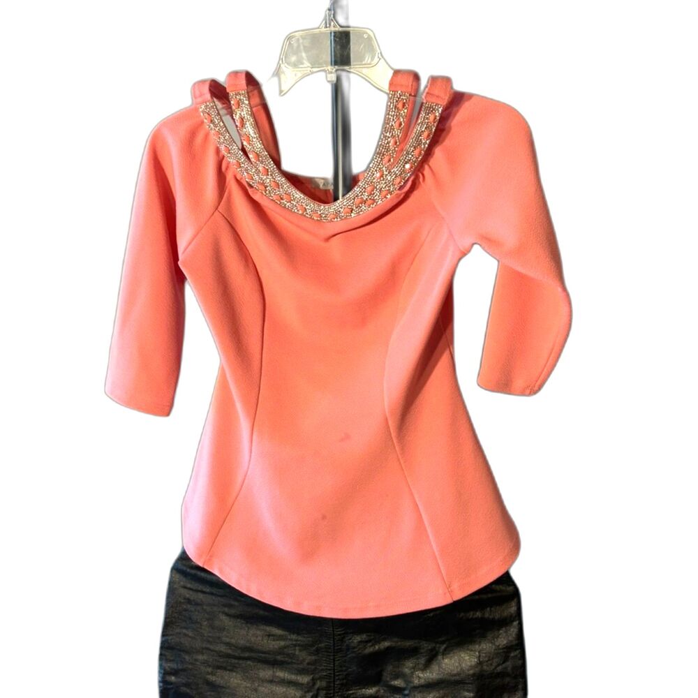 Papaya Coral Top with Rinestone Collared Neckline NWT Size S